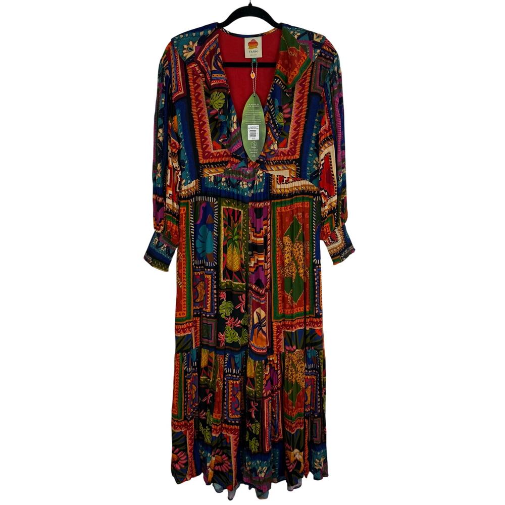 NWT Farm Rio Womens Patchwork Tapestry Ankle Ruffle Neck Tiered Red Dress XS